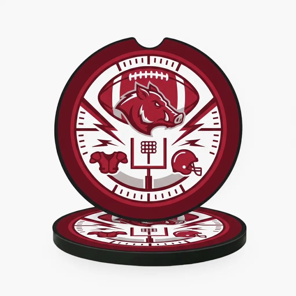 Razorback Football Mascot Absorbent Car Coaster Set - Maroon Team Spirit Auto Cup Holder Inserts - Pack of 2