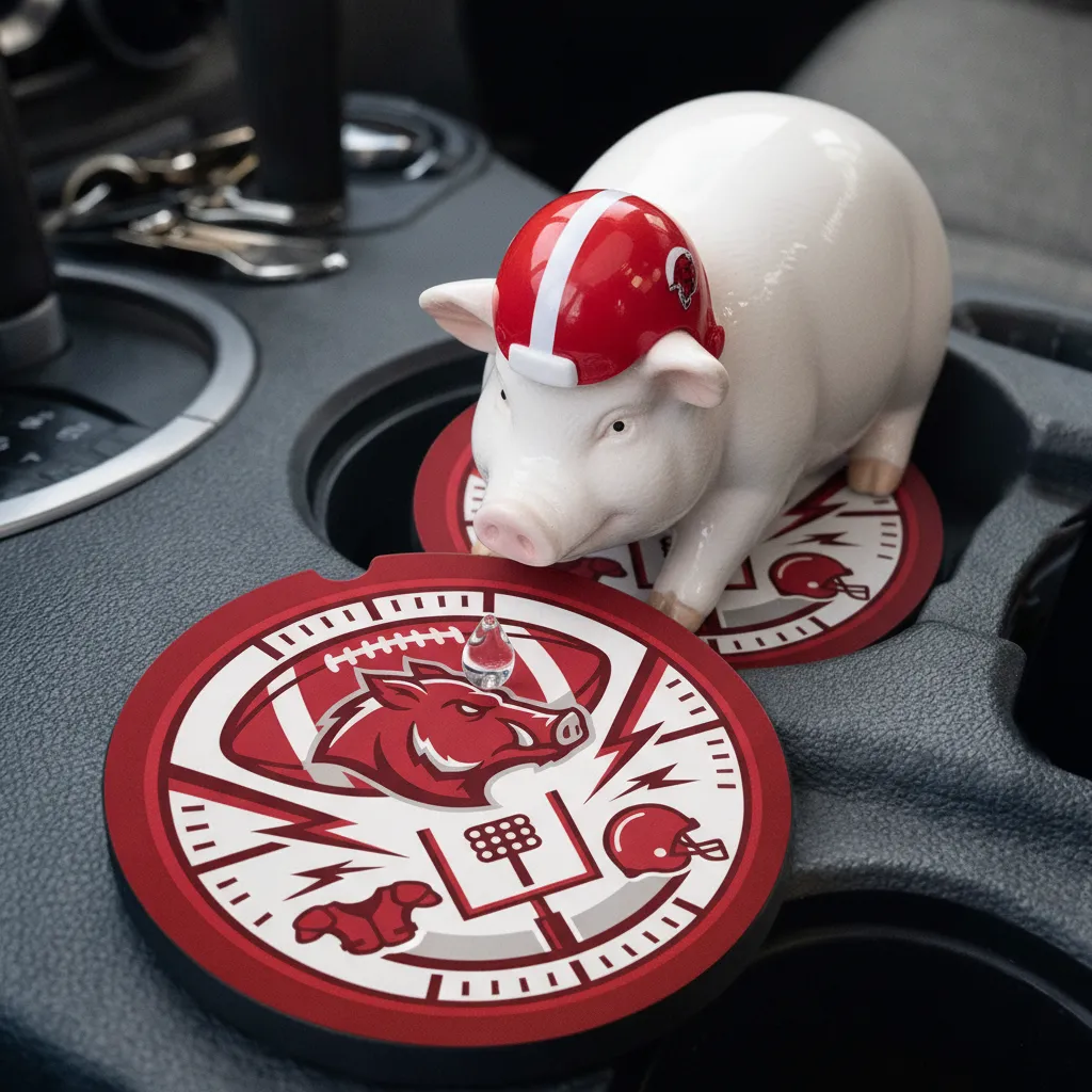 Razorback Football Mascot Absorbent Car Coaster Set - Maroon Team Spirit Auto Cup Holder Inserts - Pack of 2 - Image 2