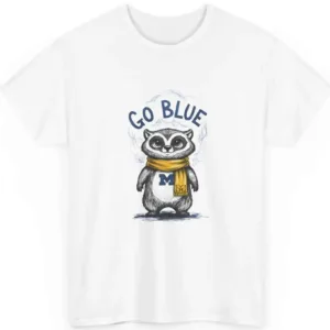 Go Blue Raccoon Mascot Graphic T-Shirt - Michigan Wolverines Inspired Fan Apparel - White Cotton Tee