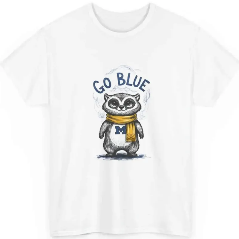 Go Blue Raccoon Mascot Graphic T-Shirt - Michigan Wolverines Inspired Fan Apparel - White Cotton Tee
