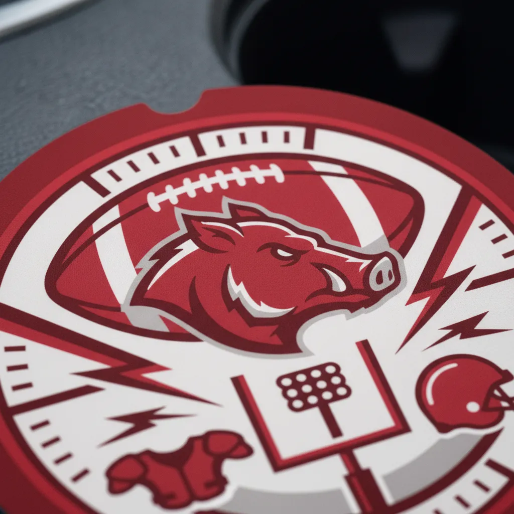 Razorback Football Mascot Absorbent Car Coaster Set - Maroon Team Spirit Auto Cup Holder Inserts - Pack of 2 - Image 5