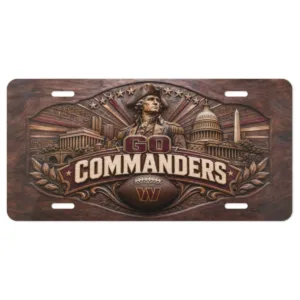 Go Commanders Carved Wood Look License Plate, Capital Skyline and Football Aluminum Car Tag