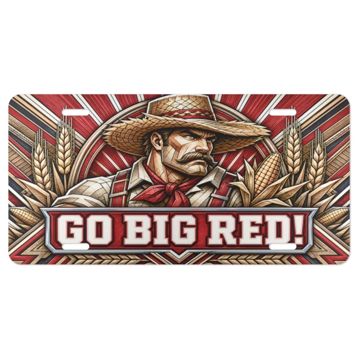Nebraska Cornhuskers Car Tag, Go Big Red Corn Farmer Aluminum Plate