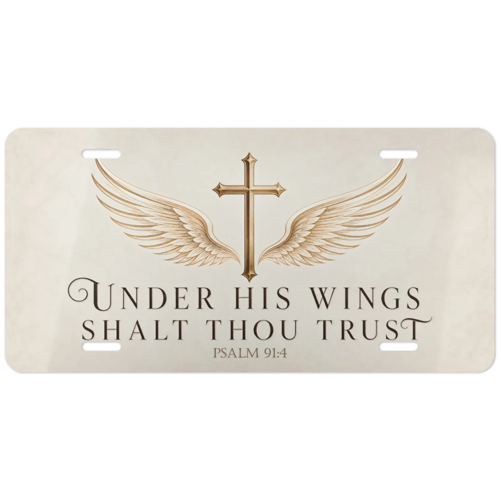 Under His Wings Shalt Thou Trust Aluminum Car Tag, Cross and Angel Wings Psalm 91:4 License Plate