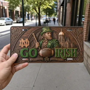 Notre Dame Fighting Irish Decorative Car Tag, Go Irish Faux Wood Carved Aluminum License Plate