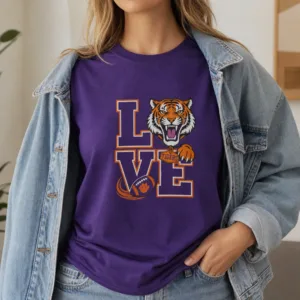 Clemson Tigers LOVE Football T-Shirt, Purple Game Day Graphic Fan Tee