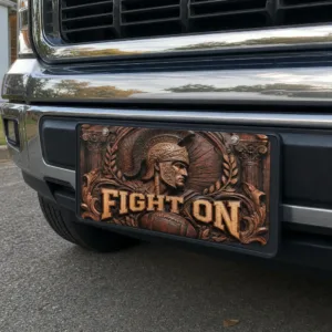 Fight On Trojan Decorative Aluminum License Plate, 12x6 Carved Wood Style Football Car Tag