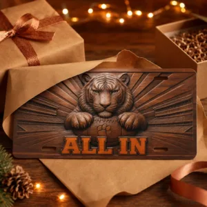 All In Tiger Carved Wood Look License Plate, Football and Stadium Aluminum Car Tag