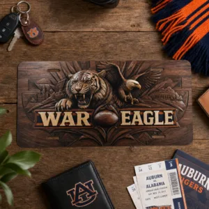 War Eagle Carved Wood Look License Plate, Tiger and Eagle Football Aluminum Car Tag