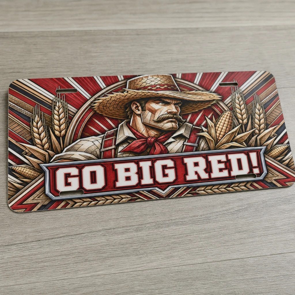 Nebraska Cornhuskers Car Tag, Go Big Red Corn Farmer Aluminum Plate