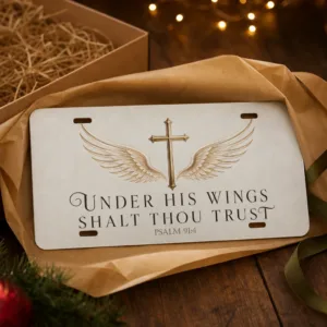Under His Wings Shalt Thou Trust Aluminum Car Tag, Cross and Angel Wings Psalm 91:4 License Plate