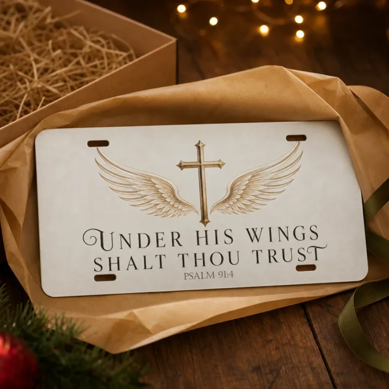 Under His Wings Shalt Thou Trust Aluminum Car Tag, Cross and Angel Wings Psalm 91:4 License Plate