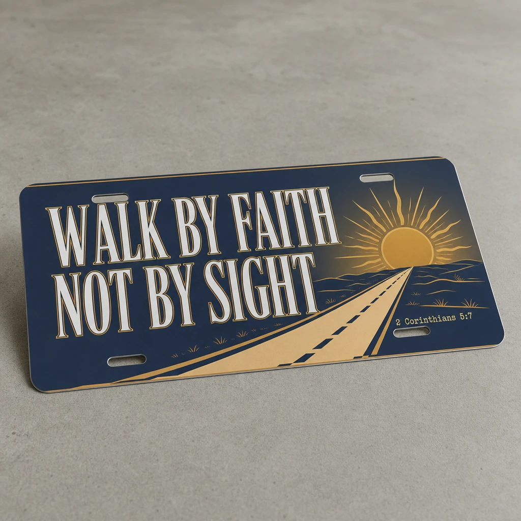 Walk By Faith Not By Sight Aluminum Car Tag, Christian Sunrise Road Bible Verse License Plate
