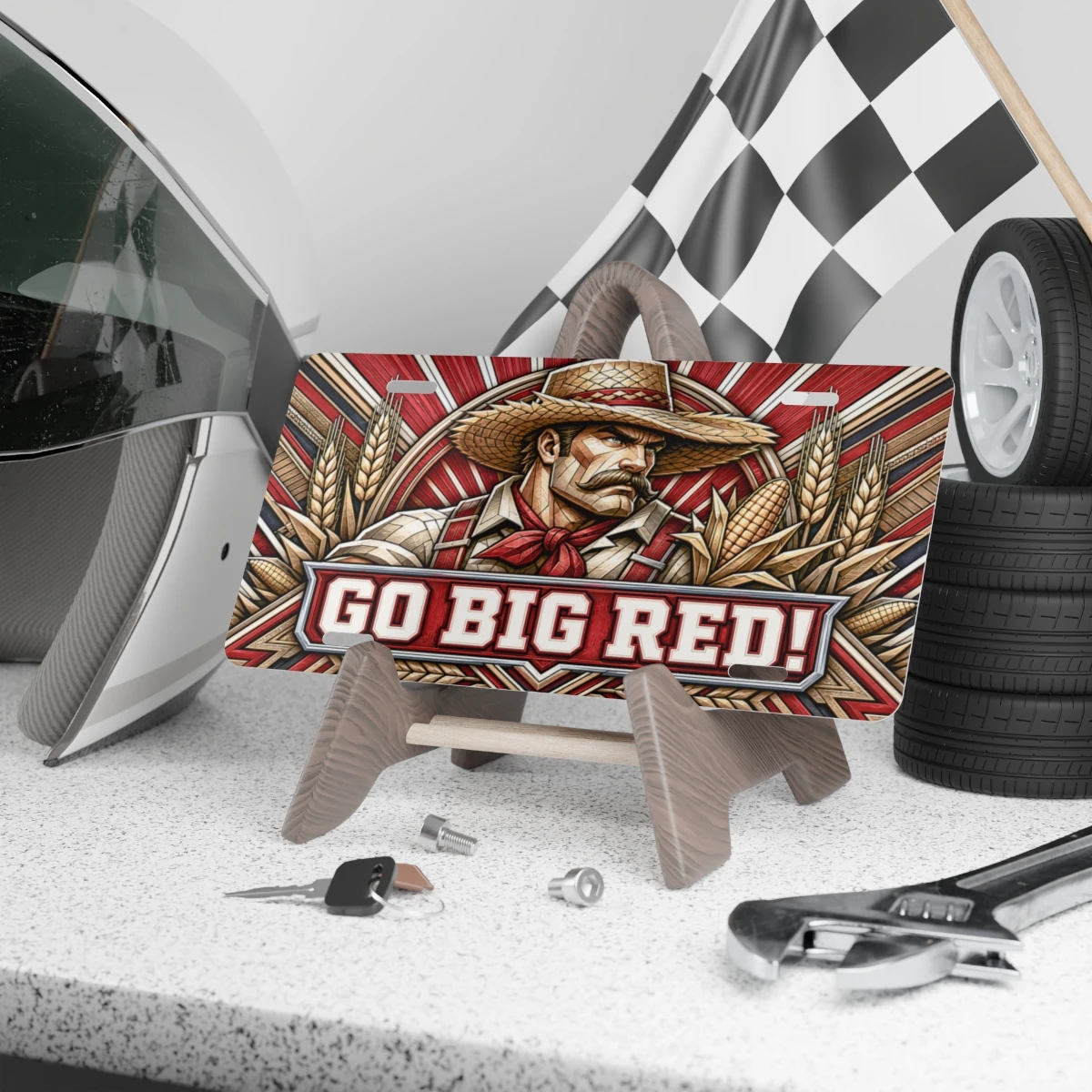 Nebraska Cornhuskers Car Tag, Go Big Red Corn Farmer Aluminum Plate