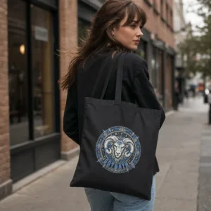 Aries Zodiac Tote Bag Celestial Ram Medallion Cotton Canvas Shoulder Bag