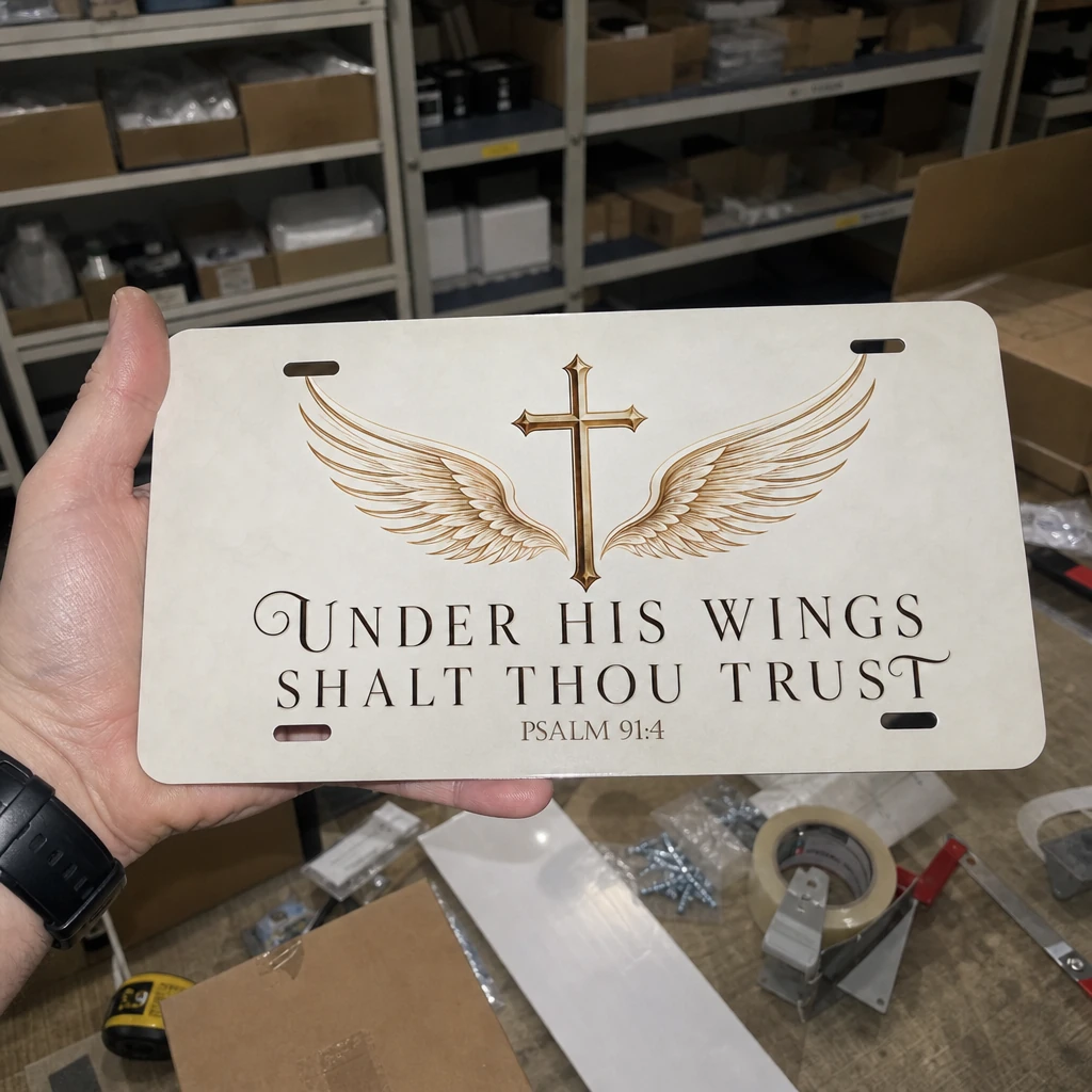 Under His Wings Shalt Thou Trust Aluminum Car Tag, Cross and Angel Wings Psalm 91:4 License Plate