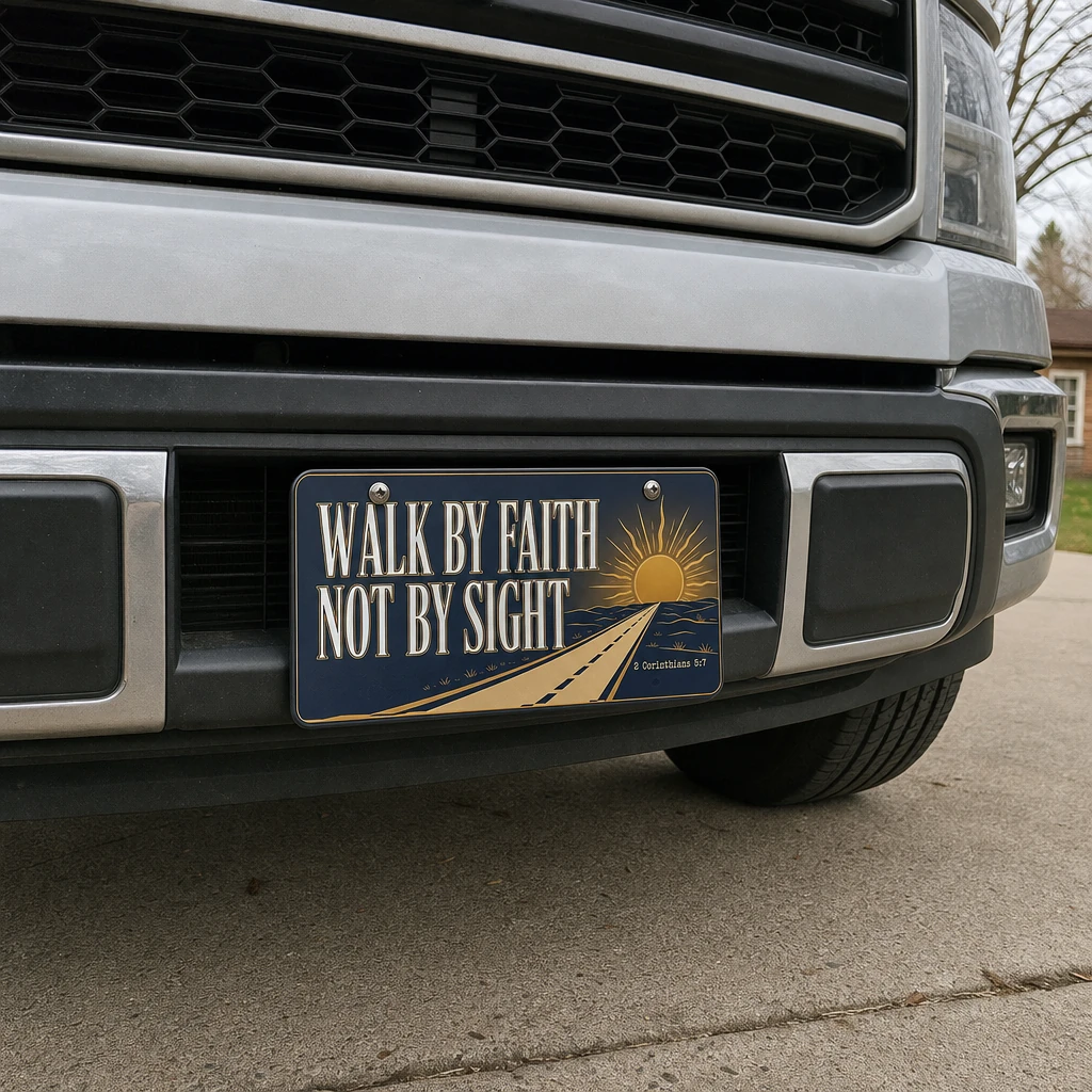 Walk By Faith Not By Sight Aluminum Car Tag, Christian Sunrise Road Bible Verse License Plate