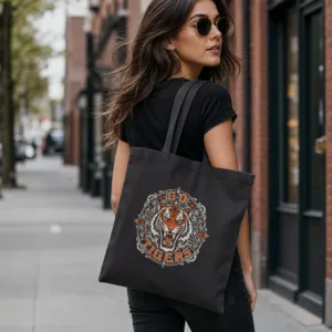 Go Tigers Canvas Tote Bag, Roaring Tiger Mascot Game Day Shoulder Bag