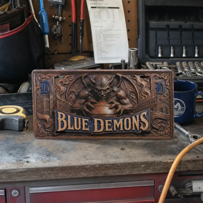 Blue Demons Decorative Aluminum License Plate, 12x6 Carved Wood Style Basketball Car Tag