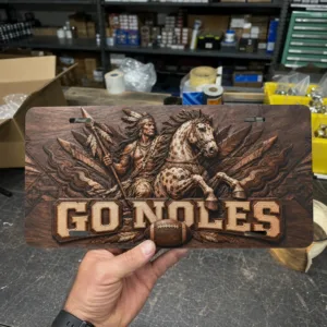 Go Noles Carved Wood Look License Plate, Seminole Warrior and Horse Aluminum Car Tag