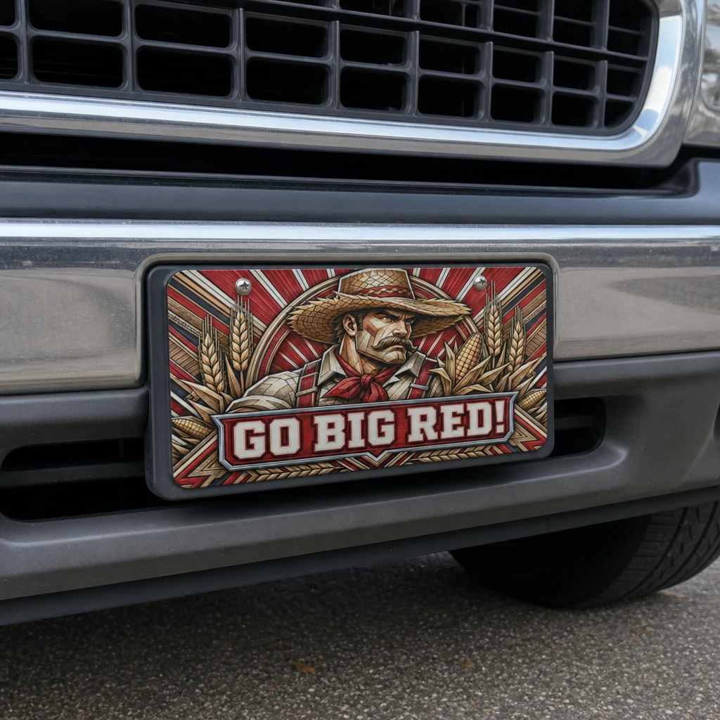 Nebraska Cornhuskers Car Tag, Go Big Red Corn Farmer Aluminum Plate