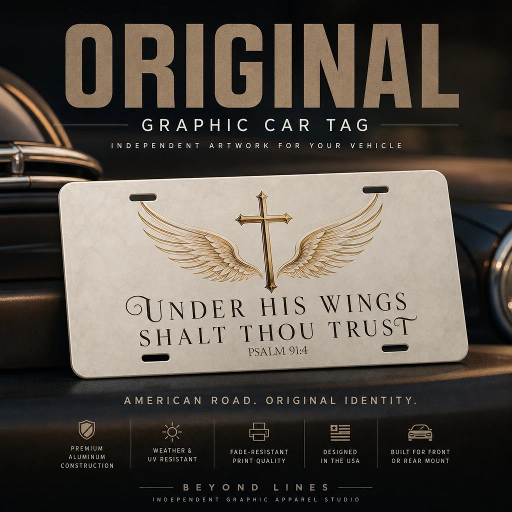 Under His Wings Shalt Thou Trust Aluminum Car Tag, Cross and Angel Wings Psalm 91:4 License Plate