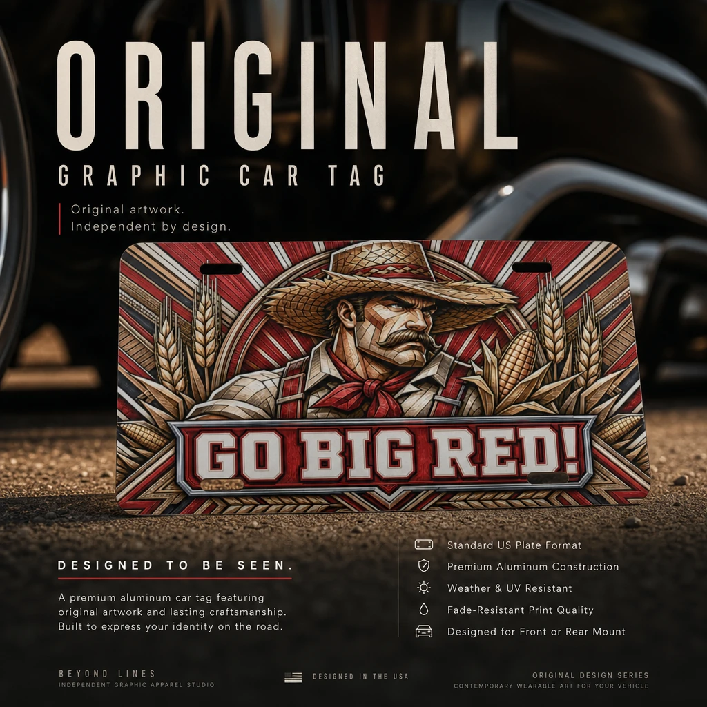 Nebraska Cornhuskers Car Tag, Go Big Red Corn Farmer Aluminum Plate