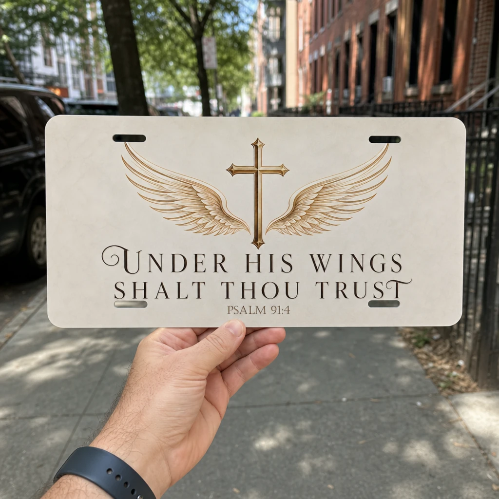 Under His Wings Shalt Thou Trust Aluminum Car Tag, Cross and Angel Wings Psalm 91:4 License Plate