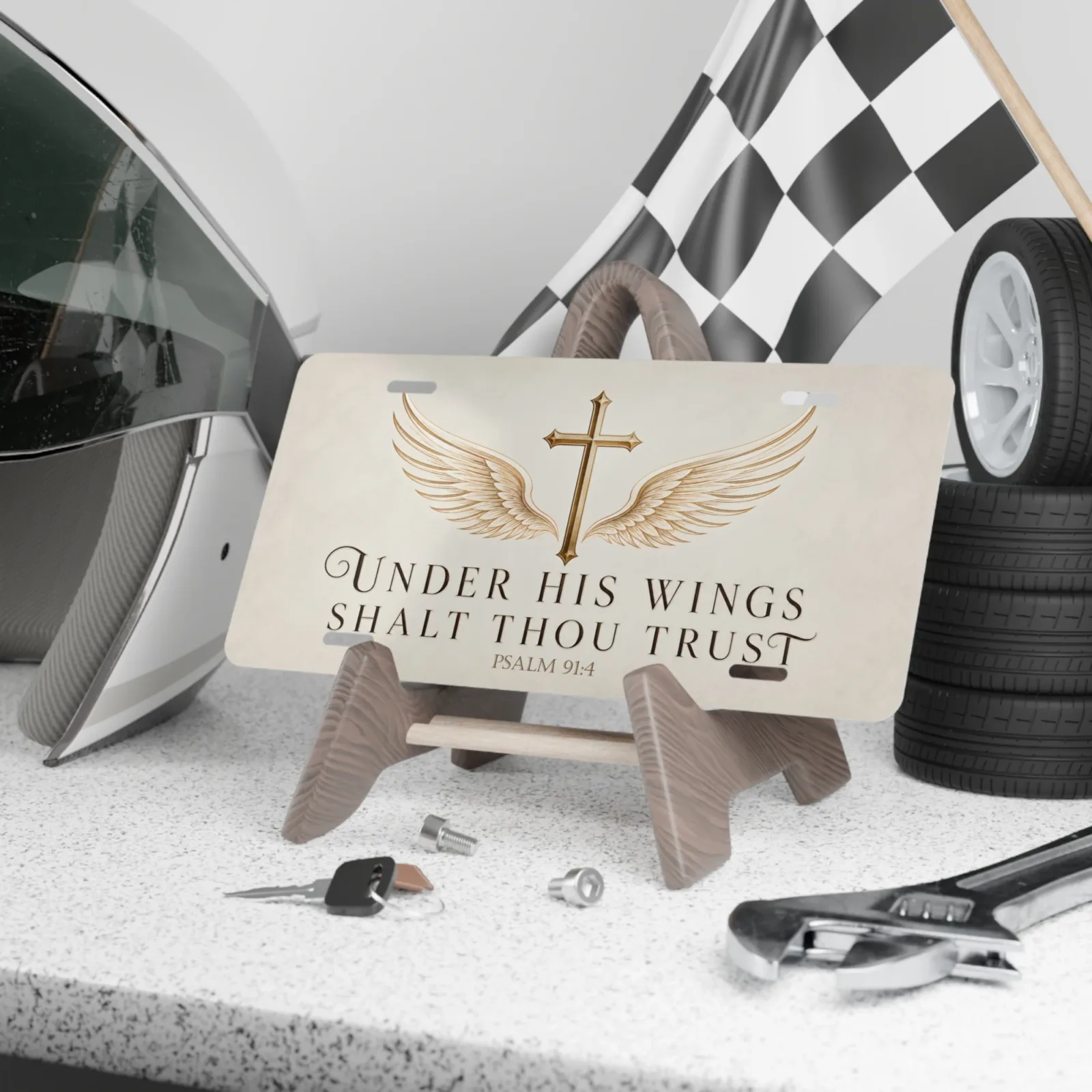 Under His Wings Shalt Thou Trust Aluminum Car Tag, Cross and Angel Wings Psalm 91:4 License Plate