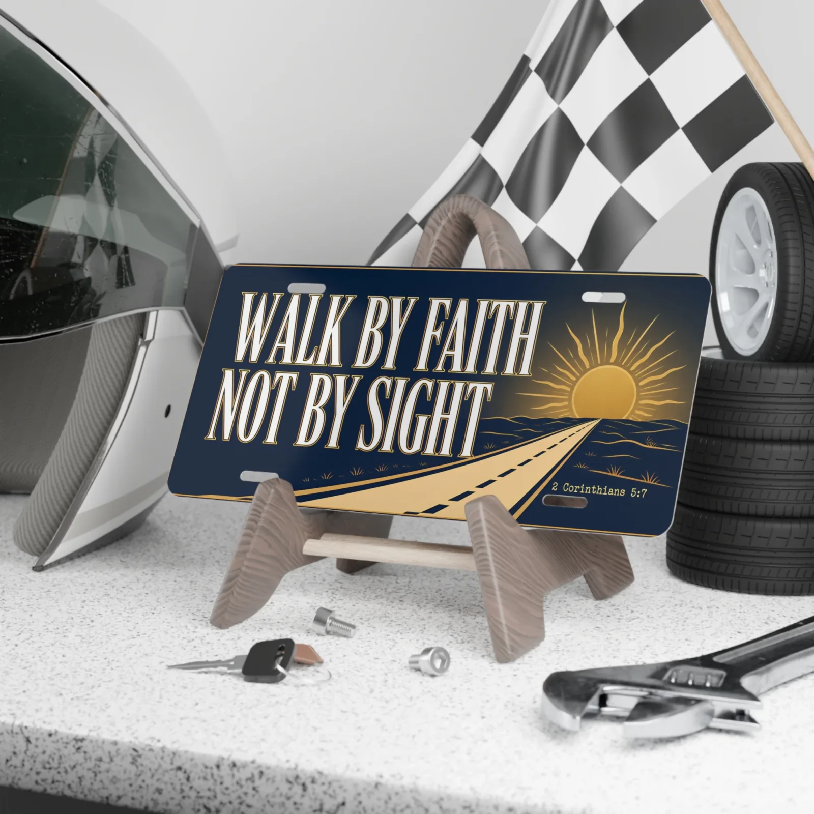 Walk By Faith Not By Sight Aluminum Car Tag, Christian Sunrise Road Bible Verse License Plate