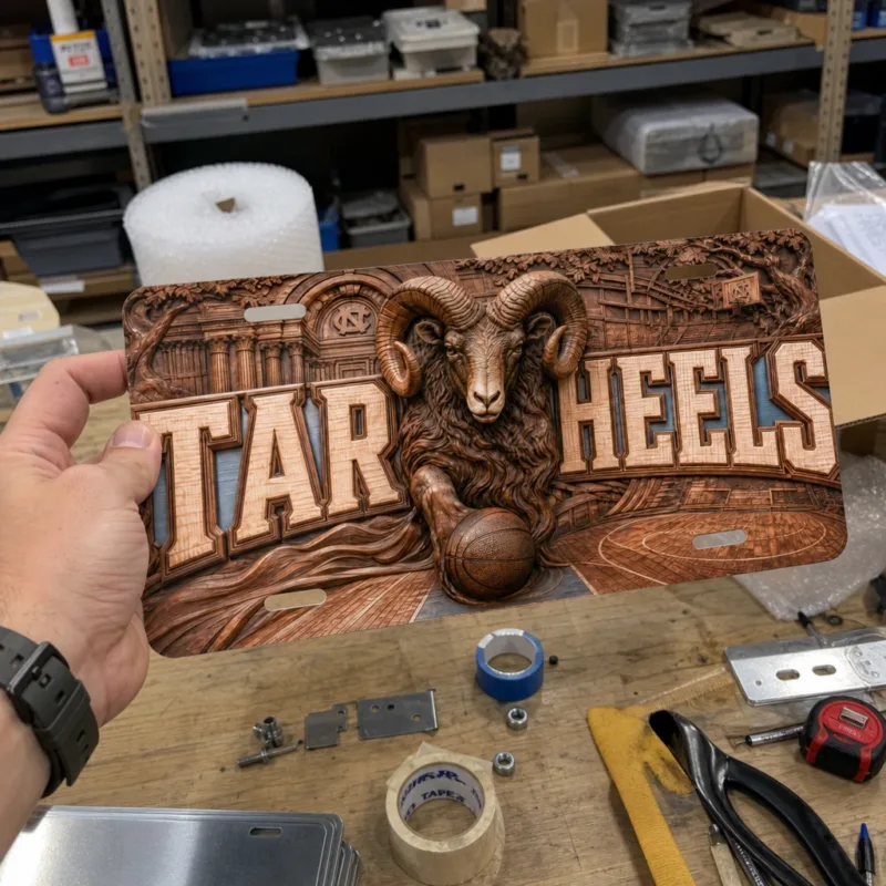 North Carolina Tar Heels Basketball License Plate with Ram Wood Design