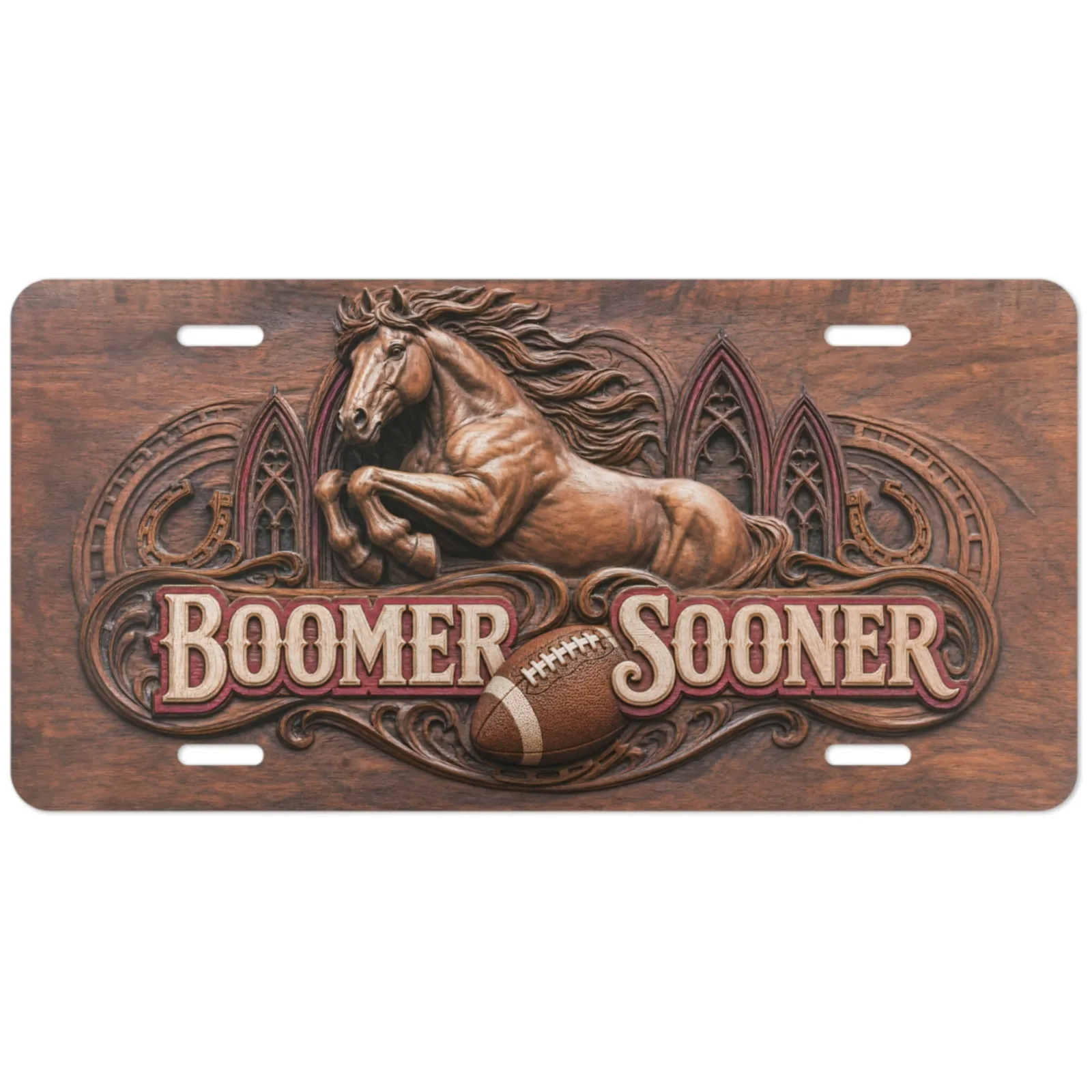 Oklahoma Sooners Boomer Sooner Faux Wood License Plate Car Tag 12x6 In