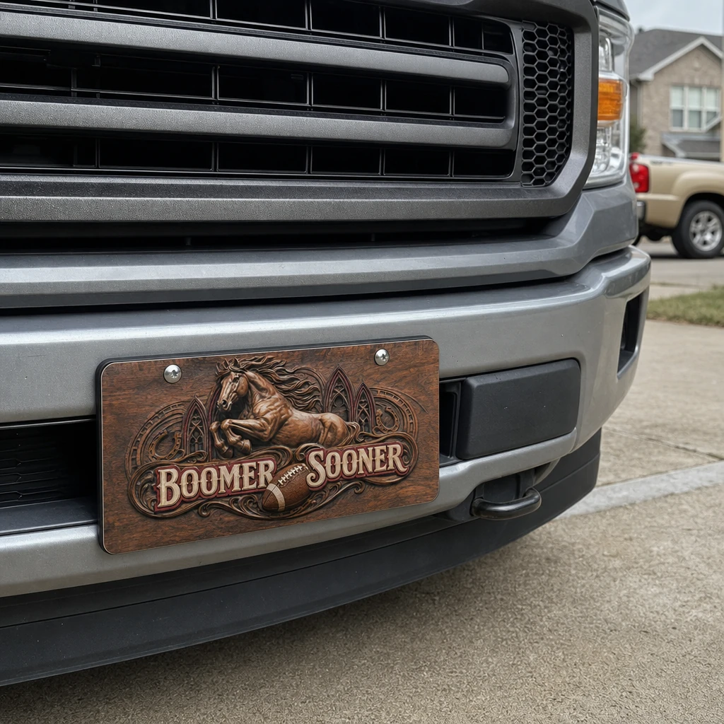 Oklahoma Sooners Boomer Sooner Faux Wood License Plate Car Tag 12x6 In
