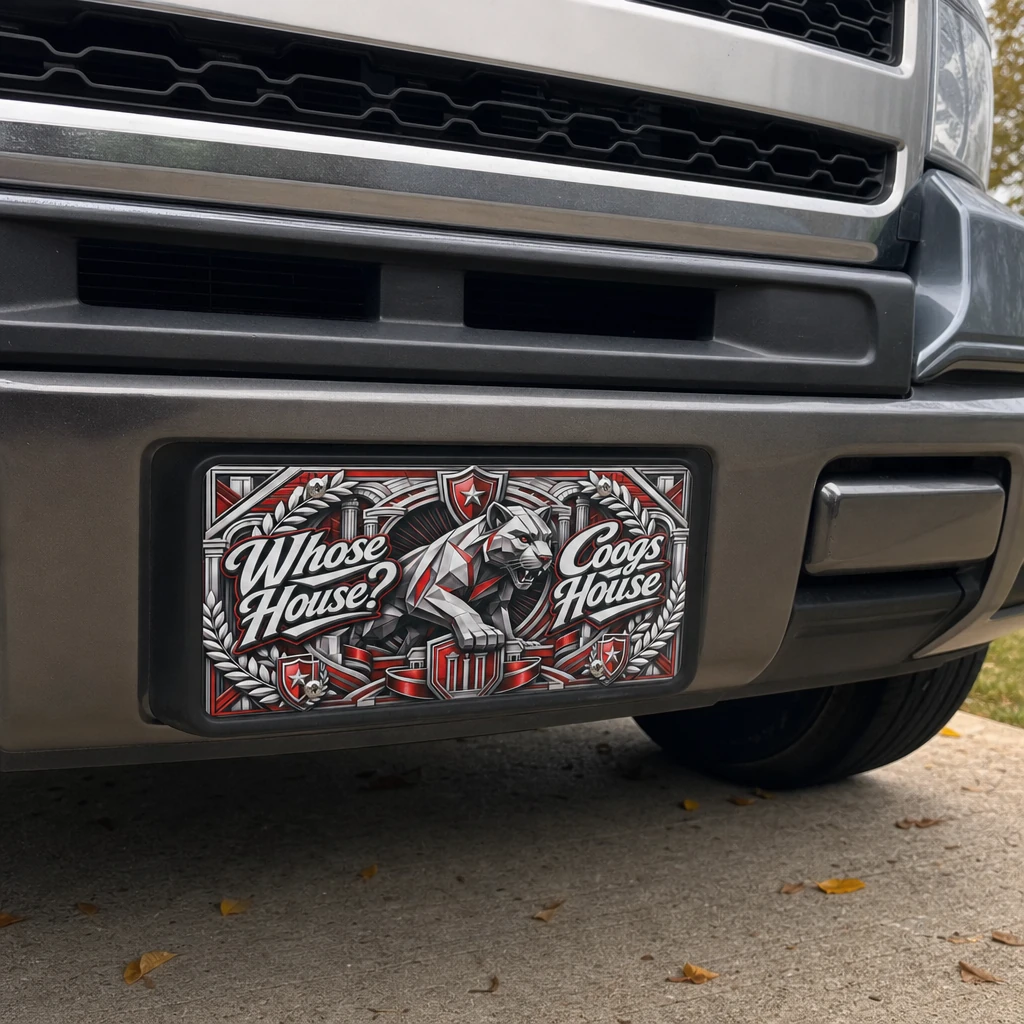 Houston Cougars Whose House Coogs House Aluminum License Plate Car Tag 12x6