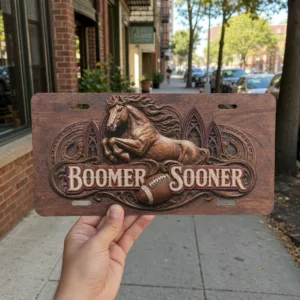 Oklahoma Sooners Boomer Sooner Faux Wood License Plate Car Tag 12x6 In
