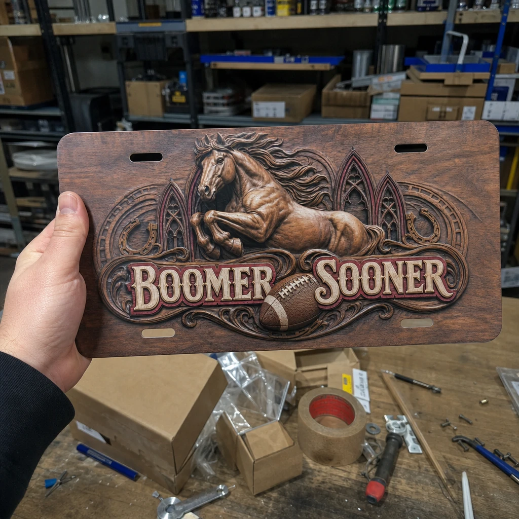 Oklahoma Sooners Boomer Sooner Faux Wood License Plate Car Tag 12x6 In