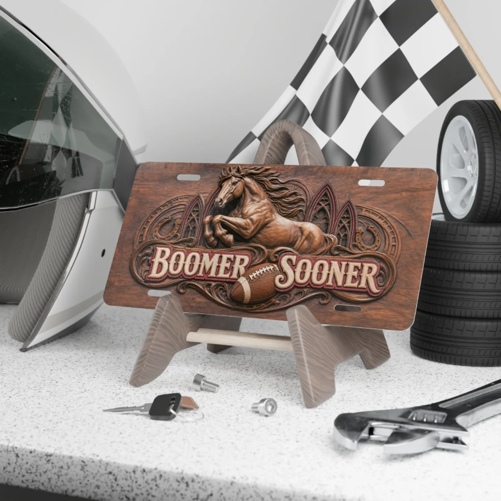 Oklahoma Sooners Boomer Sooner Faux Wood License Plate Car Tag 12x6 In