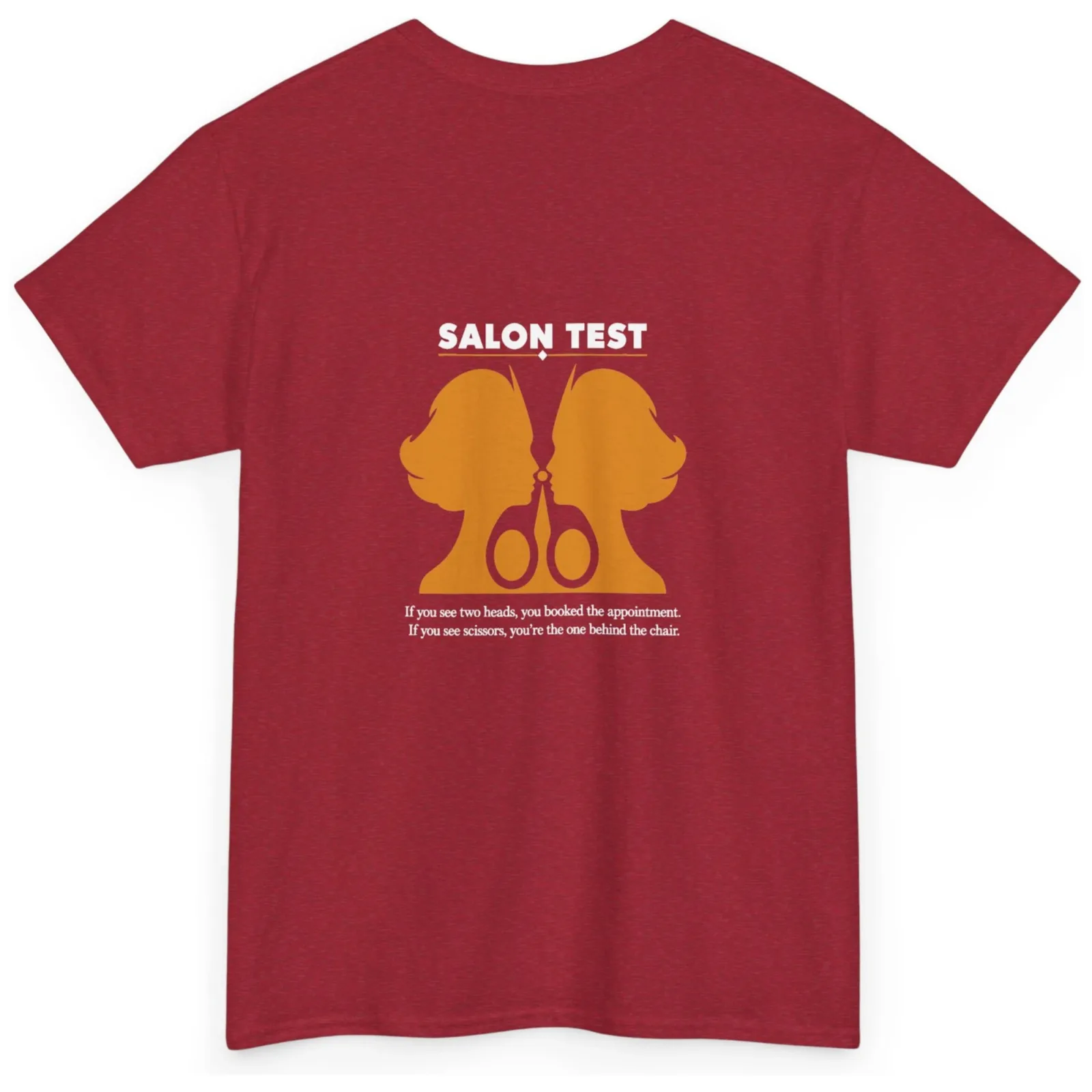 Salon Test Hair Stylist Scissors Graphic T-Shirt, Funny Salon Back Print - Crimson