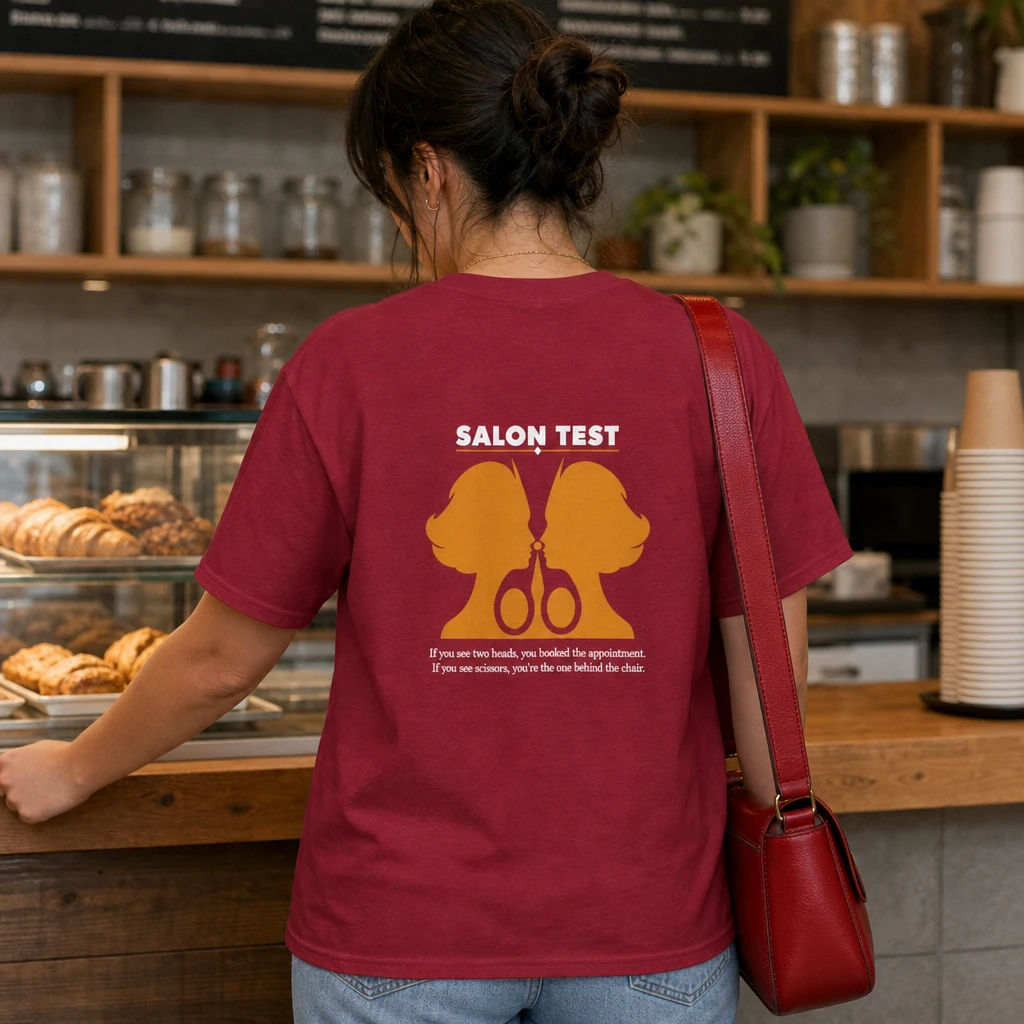 Salon Test Hair Stylist Scissors Graphic T-Shirt, Funny Salon Back Print - Crimson