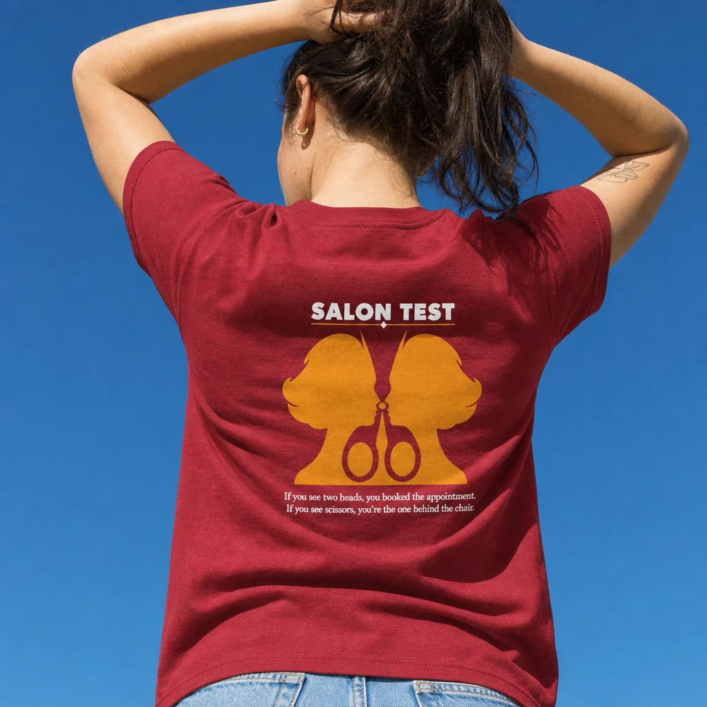 Salon Test Hair Stylist Scissors Graphic T-Shirt, Funny Salon Back Print - Crimson