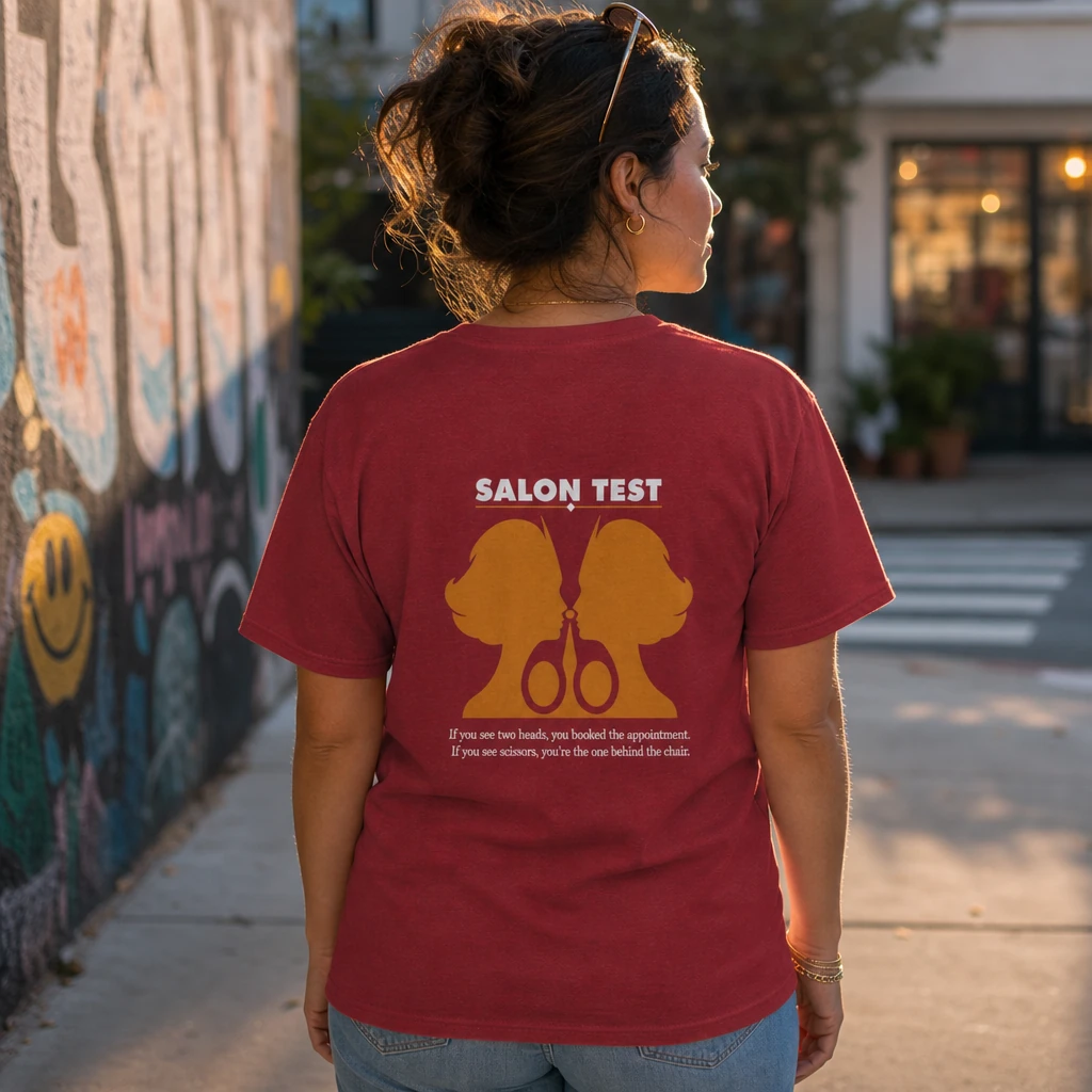 Salon Test Hair Stylist Scissors Graphic T-Shirt, Funny Salon Back Print - Crimson