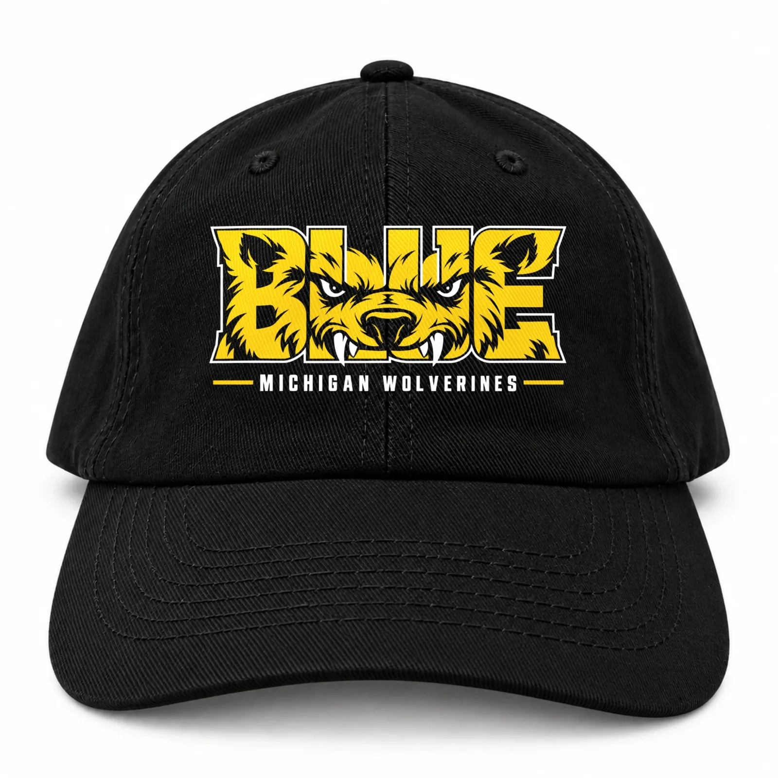 Michigan Wolverines Baseball Cap Black 100% Cotton with BLUE Wolverine DTF Print