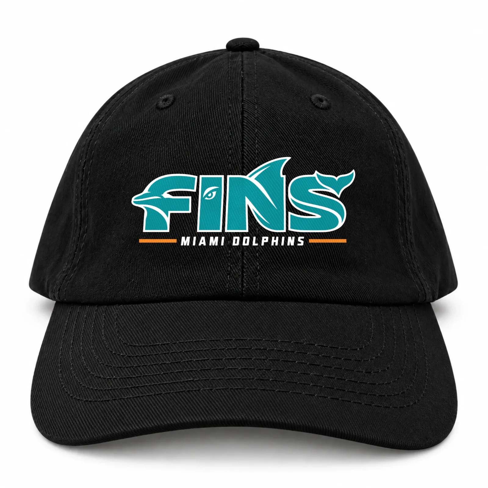 Miami Dolphins Dad Hat, Fins Black Washed Cotton Adjustable Low Profile Cap