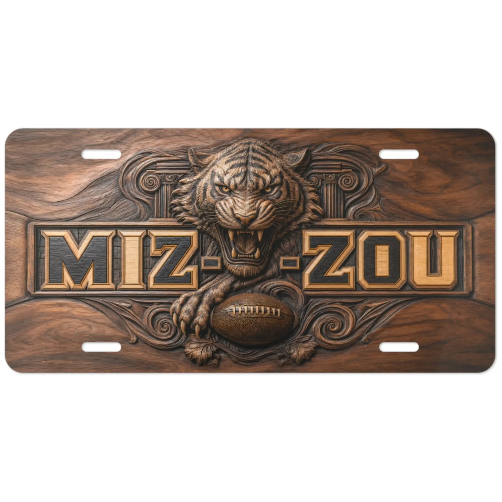 Missouri Tigers Mizzou Faux Wood Carved License Plate Car Tag 12x6 In