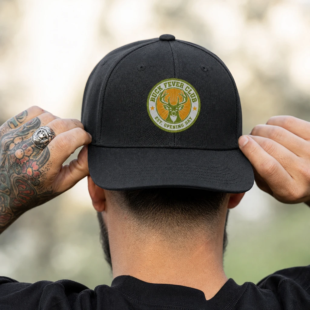 Buck Fever Club Hat, Whitetail Deer Hunting Black Low Profile Cap with Adjustable Buckle