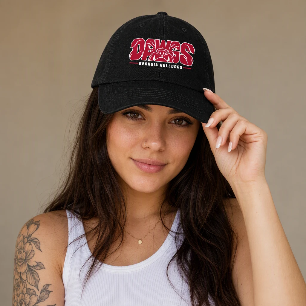Georgia Bulldogs Dad Hat, Black Washed Cotton Dawgs Print Adjustable Cap