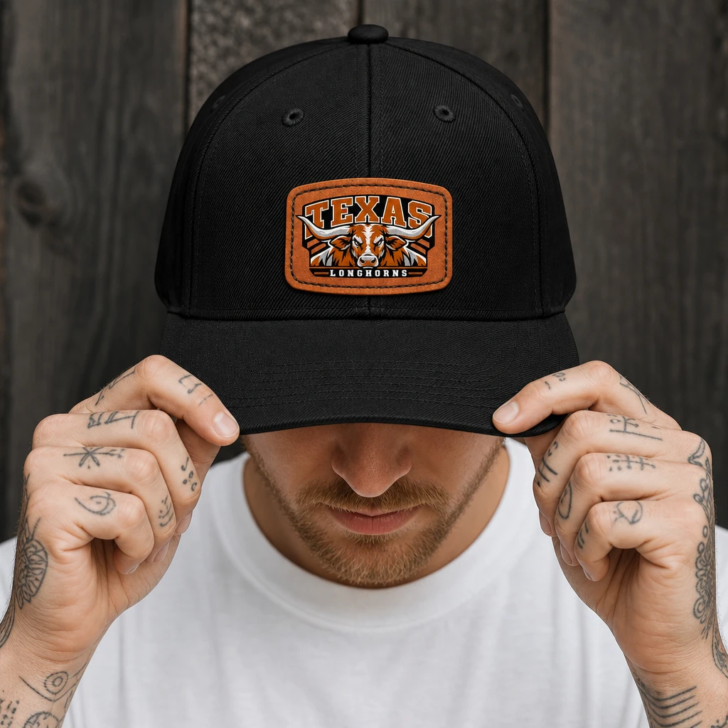 Texas Longhorns Cap with Leatherette Printed Patch, Black Adjustable Baseball Hat
