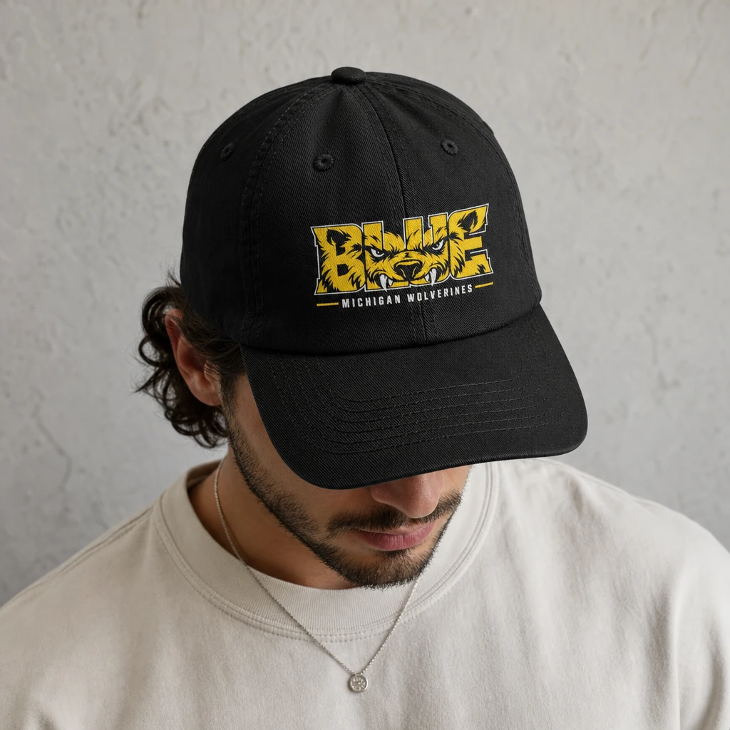 Michigan Wolverines Baseball Cap Black 100% Cotton with BLUE Wolverine DTF Print