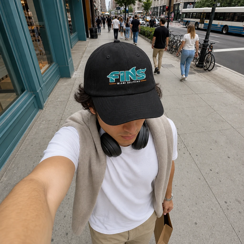 Miami Dolphins Dad Hat, Fins Black Washed Cotton Adjustable Low Profile Cap