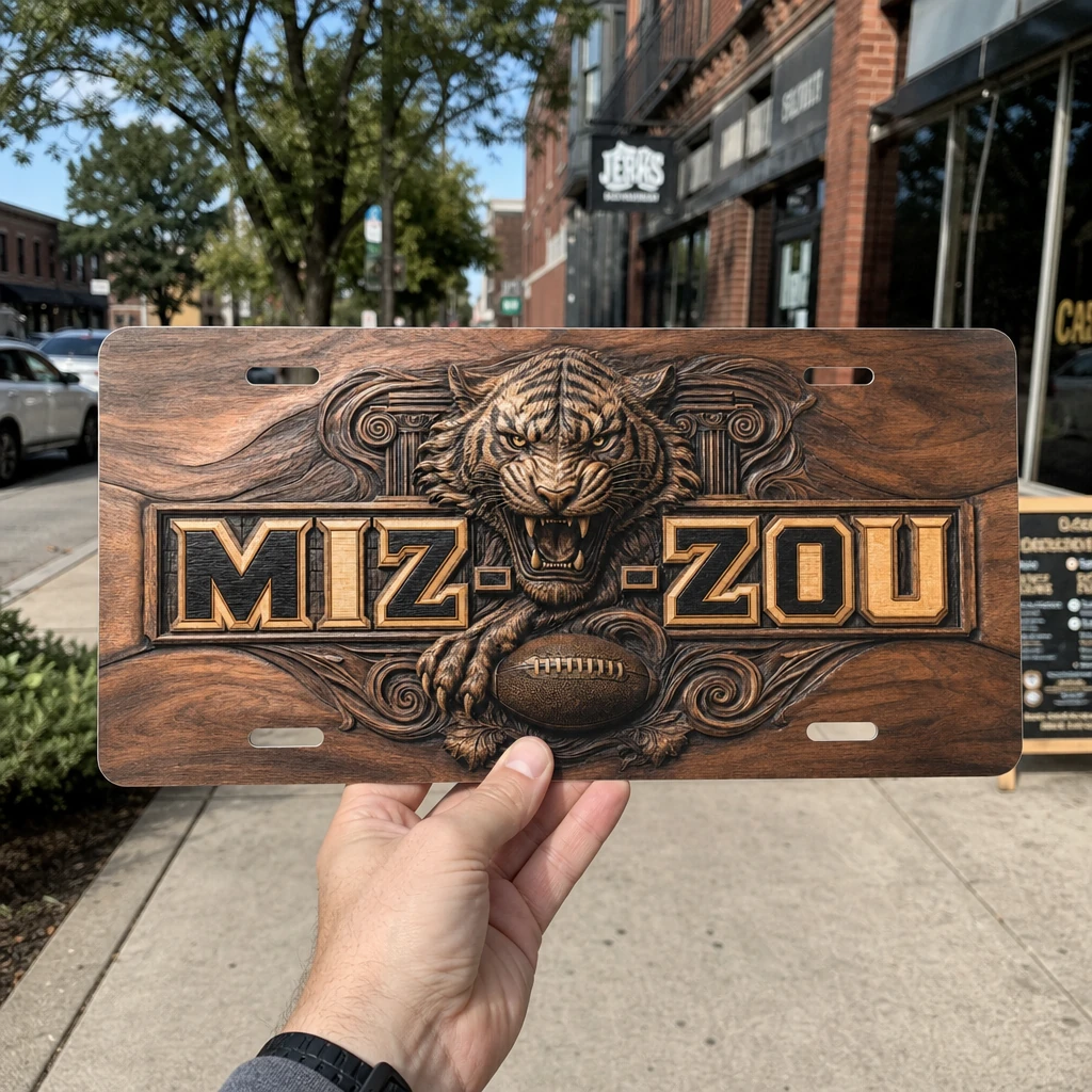 Missouri Tigers Mizzou Faux Wood Carved License Plate Car Tag 12x6 In